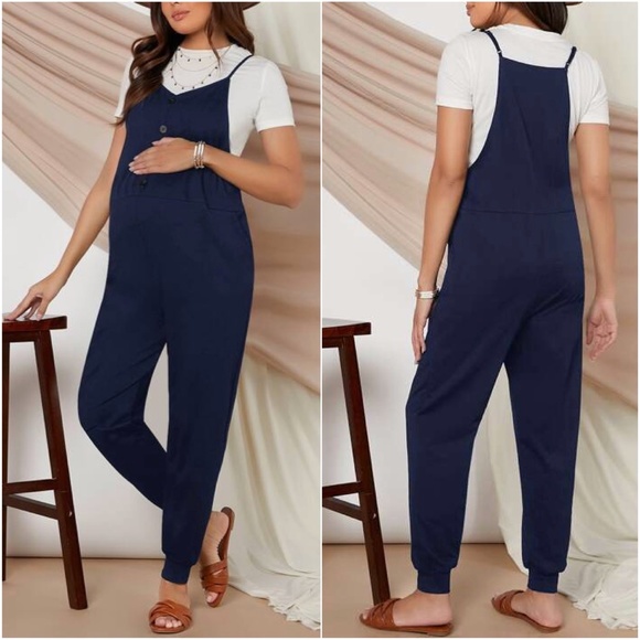 MATERNITY Black button up cami jumpsuit pocket cozy - Picture 7 of 10